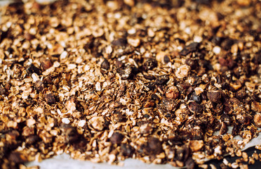 Chocolate homemade granola. Oatmeal with bites of hazelnuts and dried fruits. 