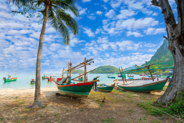 Panorama of Long boat and blue water at Maya bay in Phi Phi Island, Krabi Thailand. 