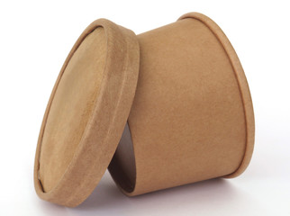 Side view of round takeaway box with lid. Recyclable cardboard open round container ideal for takeaway food and liquids isolated on white background.