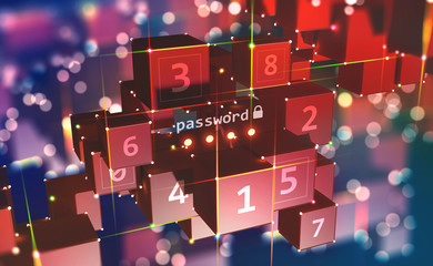 Data protection and Virtual interface. Login Code. Password and block access to information on network. Blocks and numbers in abstract cyberspace 3d illustration