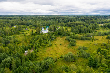 Aerial view of the Paraskeva Church in Mshentsi. Tver region, Russia