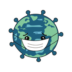 Cartoon planet earth with corona virus and medical mask vector illustration