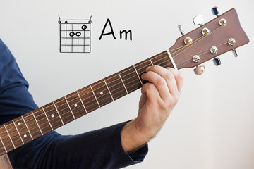 Learn Guitar - Man in a dark blue shirt playing guitar chords displayed on whiteboard, Chord A...