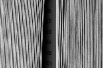 Black & white closeup of a partly open book vertically