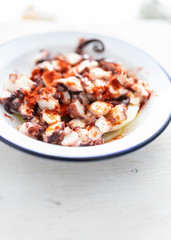 Closeup view of some amazing octopus arms cut in pieces covered with paprika and olive oil on a potato bed. Paprika powder can be seen perfectly in the foreground.