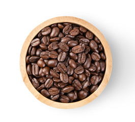 coffee beans in wood bowl isolated on white background
