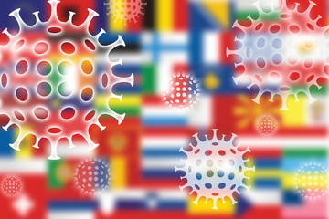Coronavirus europe pandemia presentation screen. Background for report title or presentation. World flags as a blurred background.