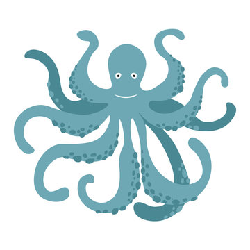 Vector cute cartoon blue octopus isolated on white background. Vector illustration EPS.10