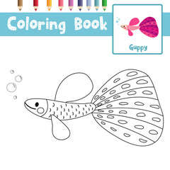 Coloring page Pink Guppy fish animal cartoon character vector illustration.