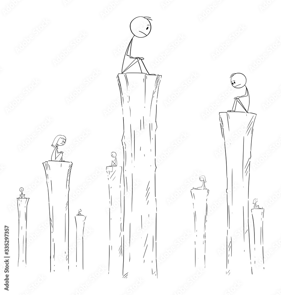 Wall mural vector cartoon stick figure drawing conceptual illustration of people sitting alone on high columns.