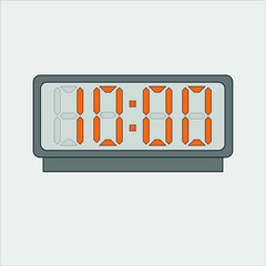 Vector image or picture of digital clock or alarm with orange figures showing time on the light grey background. Ten hours o'clock