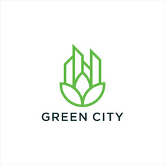 green city logo with green leaf and buliding