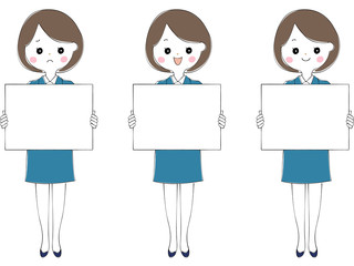 フリップを持つ青いスーツ姿の若い女性　表情セット
