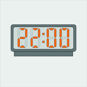 Vector image or picture of digital clock or alarm with orange figures watching time on the light grey background. Twenty two hours o'clock