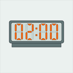 Vector image or picture of digital clock or alarm with orange figures showing time on the light grey background. Two hours o'clock