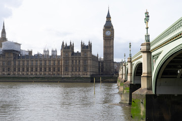Fototapeta na wymiar View of Houses of Parliament, Big Ben and Westminster Bridge and the River Thames, London England UK