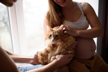 a pregnant couple in love is sitting on the windowsill and playing with their cat.Self-isolation of a house during quarantine.