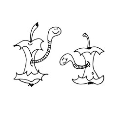 Cartoon worms in apple core, hand drawn vector illustration isolated on white background