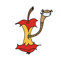 Cartoon worm in apple core in face mask in self-isolation, hand drawn color vector illustration isolated on white background