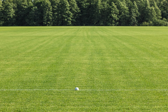  field with a cut well-maintained lawn for sports games. The horse polo ball lies on the white line. Summer season, forest in the background. Copyspace