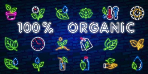 Big set neon sing. Organic neon icons. Bio cosmetics sign. Fair trade symbol. Vegan cafe logo. Vector illustration. Bright signboard, light banner.