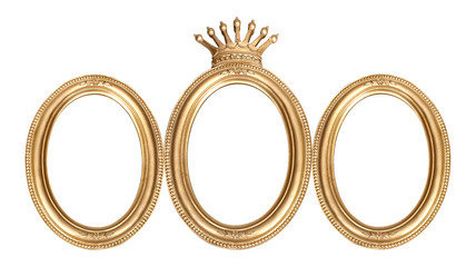 Triple golden frame (triptych) with crown for paintings, mirrors or photos isolated on white...