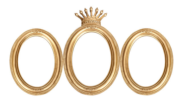 Triple golden frame (triptych) with crown for paintings, mirrors or photos isolated on white background