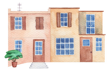 Watercolor illustration of two Mediterranean houses in front view