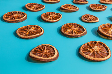 A lot of dried sliced orange
Dried oranges. Sweet decor