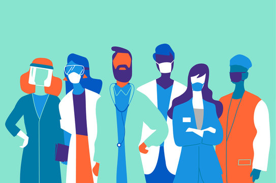 Squadra di medici e infermieri uomini e donne che indossano le mascherine
