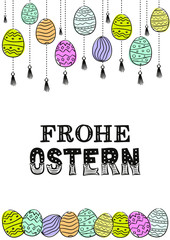 Lettering of the phrase Happy Easter in German.  Easter card with hanging painted eggs in Multi-colored. Vector illustration for poster or banner
