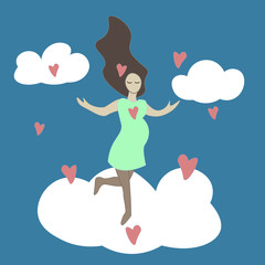 Pregnant young woman in the clouds and hearts