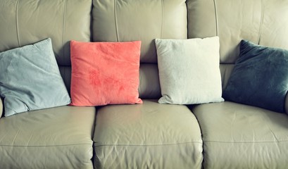 Leather sofa with pillows.