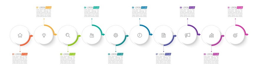 Minimal Business Infographics template. Timeline with 9 steps, options and marketing icons .Vector linear infographic with nine conected elements. Can be use for presentation.