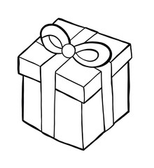 Vector hand drawn of gift box. Black outlines and white background.