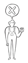 Vector repairman giving thumbs down. Hand drawn illustration. Black outlines, white background.