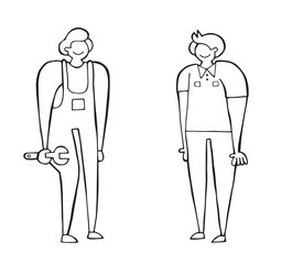 Vector happy repairman and happy customer. Hand drawn illustration. Black outlines, white background.