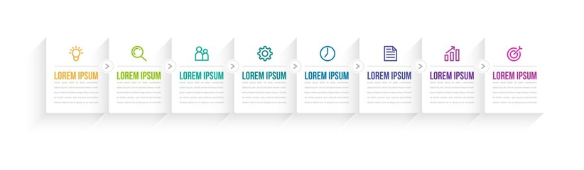 Minimal Business Infographics template. Timeline with 8 steps, options and marketing icons .Vector linear infographic with eight conected elements. Can be use for presentation.