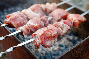 Grilling raw meat on outdoor grill. Cooking meat barbecue on charcoal grill at picnic. Kebab grilling at barbeque party