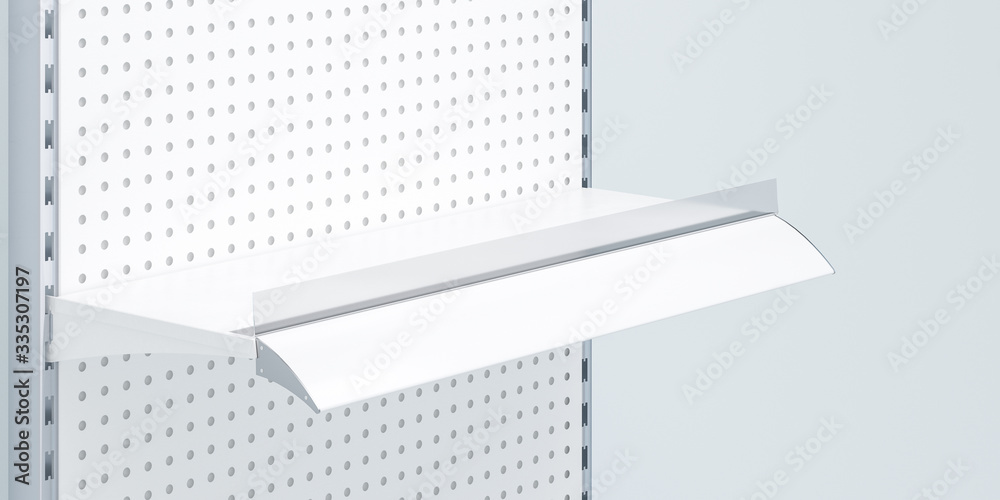Wall mural 3d image side view. white grocery retail shelf with big huge shelf talker on shelving background des