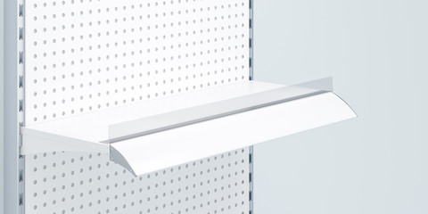 3D image side view. White grocery retail shelf with big huge shelf talker on shelving background design template for mock up. Design for display product object in supermarket