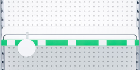 3D image front view. White grocery retail shelf with green shelf talker, round wobbler and shelf protection on shelving background design template for mock up.