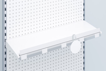 3D image side view. White grocery retail shelf with shelf talker, round wobbler and place for shelf stripe on shelving background design template for mock up.