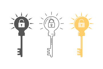 Concept of Key Idea. Light bulb, lock and key icon set. Flat style illustration. Isolated on white background. 