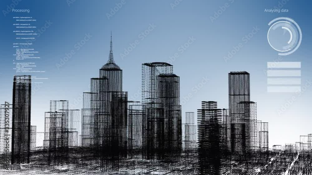 Wall mural smart world technology digital smart city 3d architecture building hologram with monitor screen user