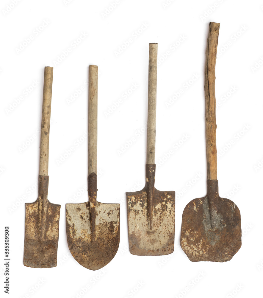 Poster set of old shovels isolated on white background