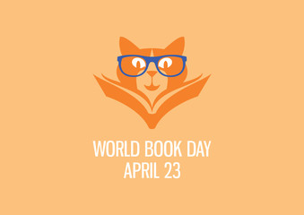 World Book Day with cat reader vector. Open book with cat head vector. Cat with book icon. Book Day Poster, April 23. Important day