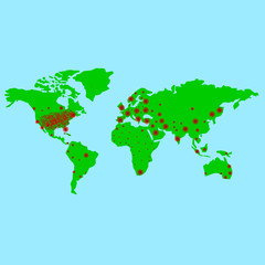 World map of the distribution of coronavirus. Vector graphics.