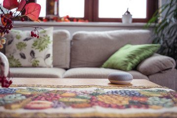 Smart ai speaker in living room. Smart home concept