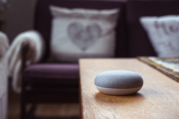 Smart ai speaker in living room. Smart home concept